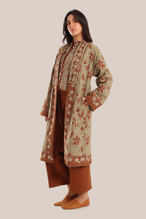 Embroidered reversible long-sleeve cotton coat